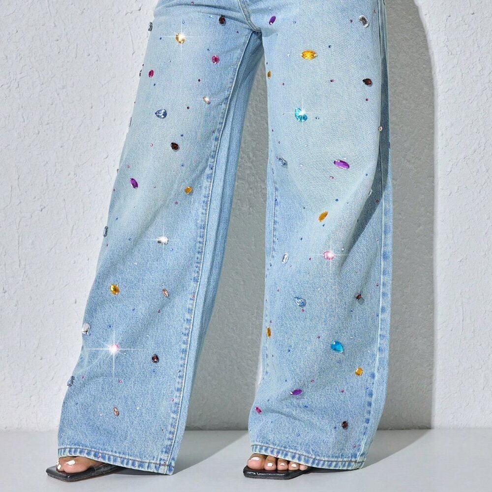 Blue Casual Women's Pearl Decor Low Waist Wide Leg Jeans With Slant Pockets - Picture 3 of 6